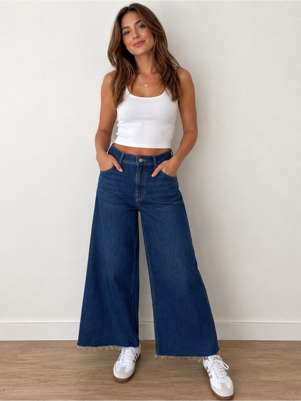 Zara High Rise Wide Leg Cropped Jeans Raw Hem Dark Wash Denim Size 10